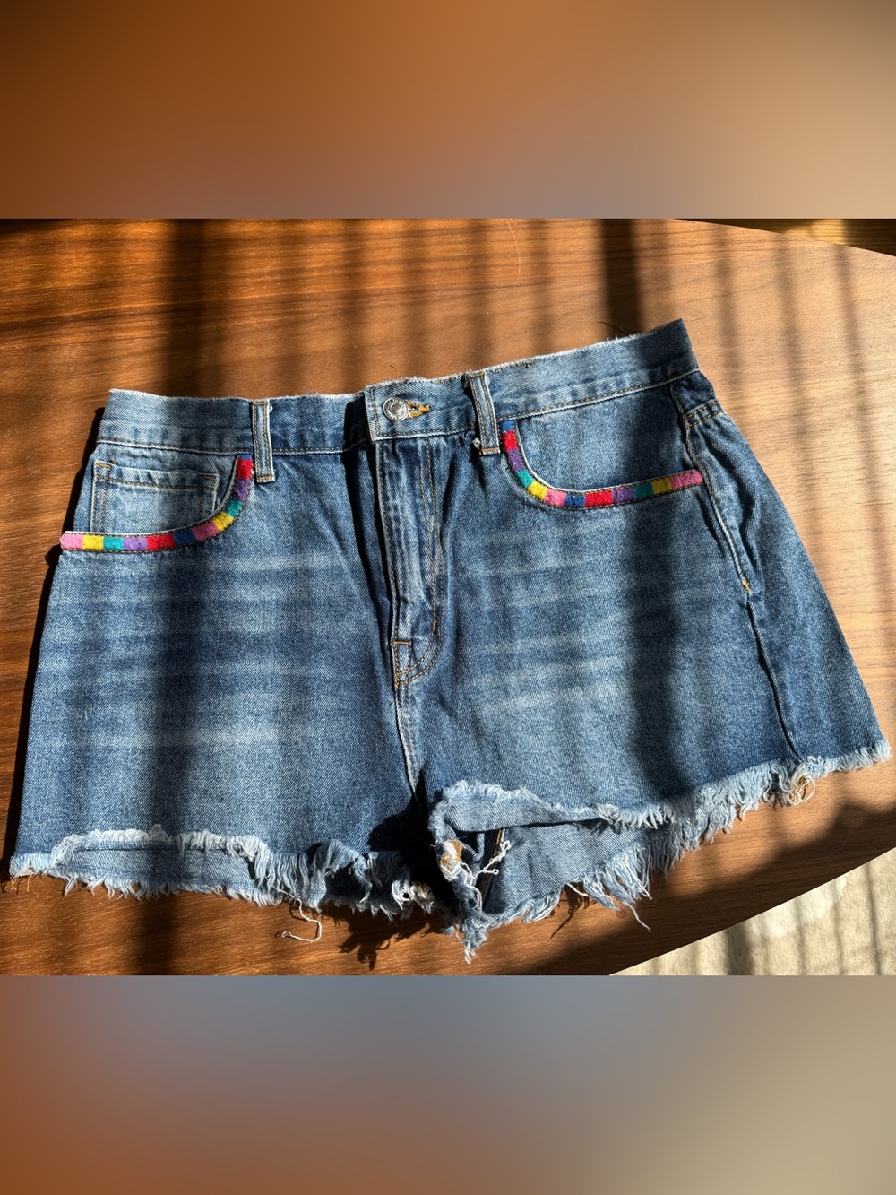 Forever 21 Blue Denim Cutoff Shorts with Multicolor Trim